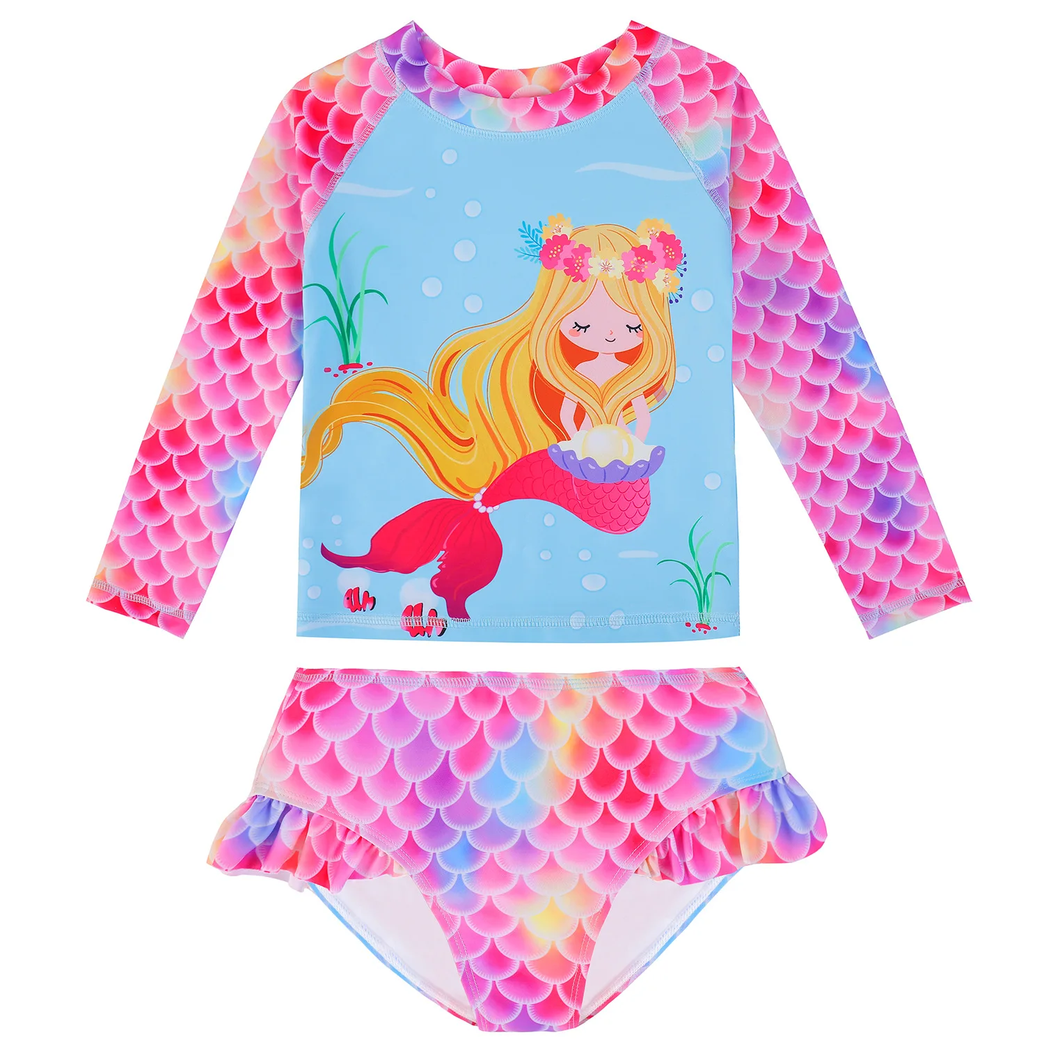 thumbnail image 1 of Conjunto de 2 piezas para niñas pequeñas, traje de baño de verano con estampado de escamas de sirena a rayas, traje de baño de manga larga para niños, braguitas de bikini con volantes, 1 of 5