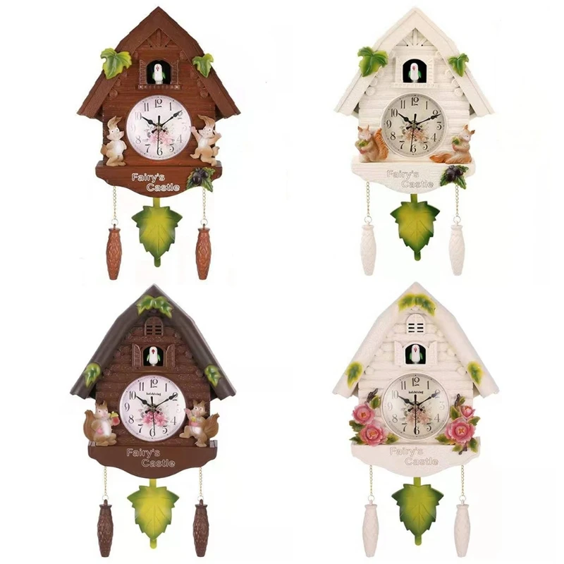 

European Pastoral Resin Cuckoo Wall Clock Bird for Time Swing Alarm Watch Cartoon Vintage Home Art Dec