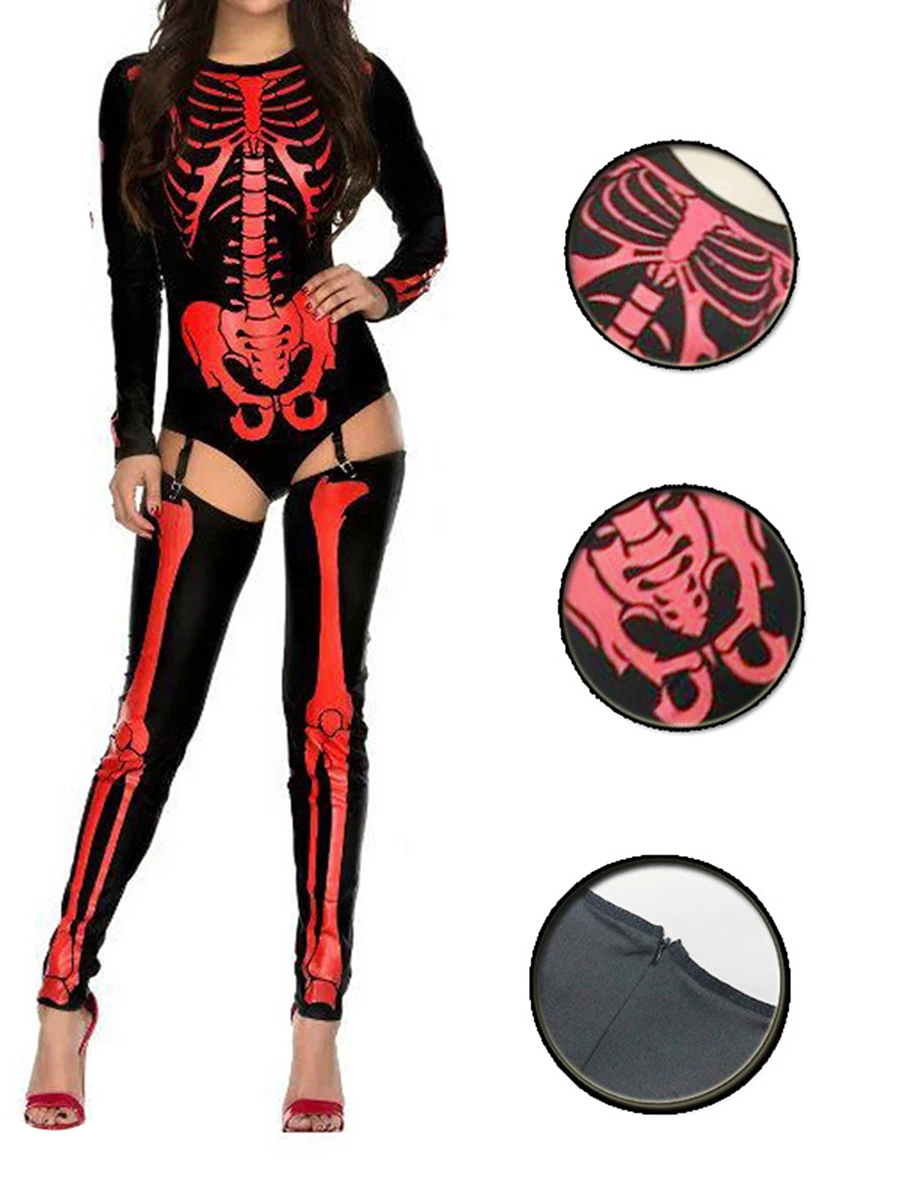 Women s Halloween Skeleton Print Long Sleeve Jumpsuit with Round Neckline  Fit Bodysuit Costume for Cosplay Show and Props