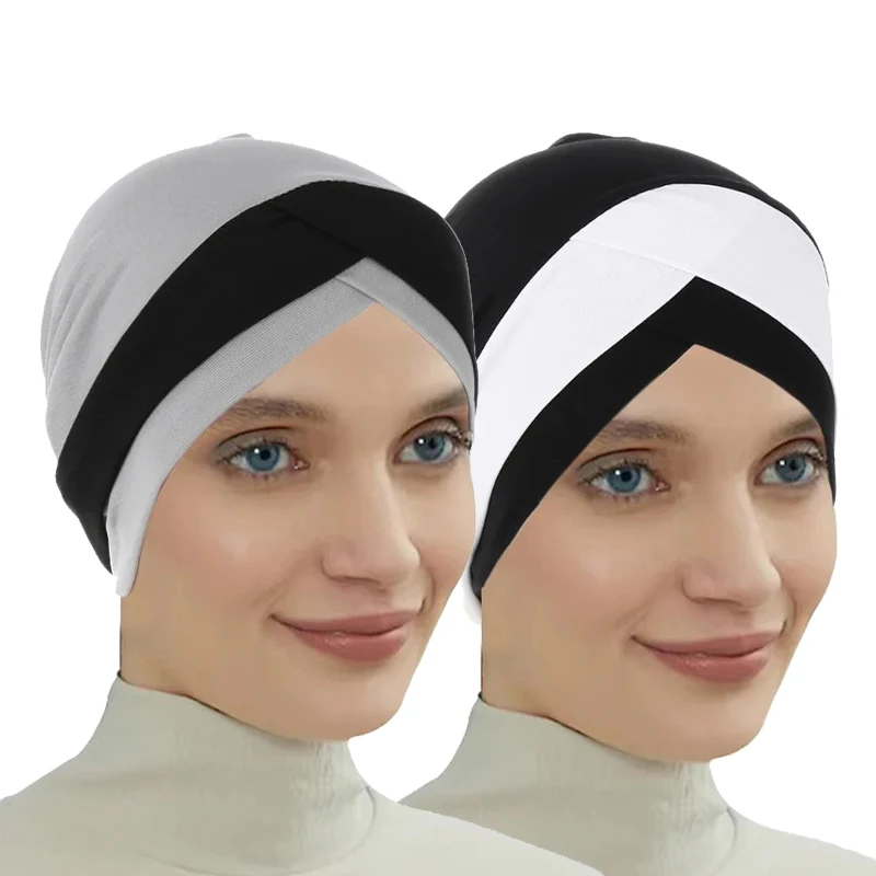

Ramadan Forehead Cross Hijab Cap for Solid Color Soft Elastic Muslim Head Wrap Women Turban Bandana Bonnet Headscarf