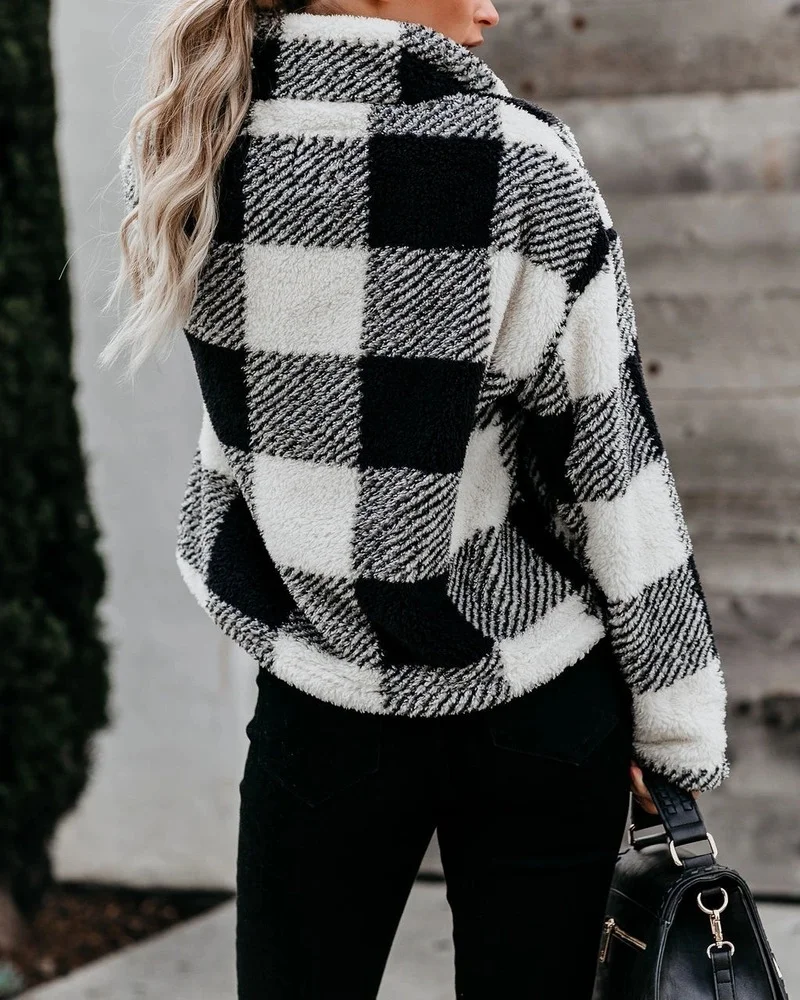 Autumn Winter Thick Plaid Sweatshirts Women Stand Collar Zip Up Loose Leisure Pullovers Black Checkerboard Pullover Sweatshirts