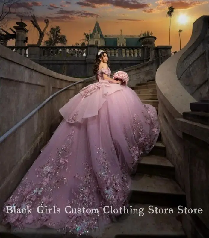 Princess Pink 15 Quinceanera Luxury Strapless Poncho 3D Floral Applique Corset Chapel Train Mexico vestido xv a&ntilde;os Custom