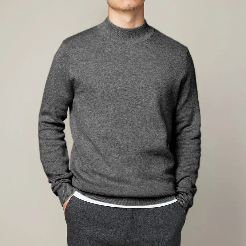 Men's Autumn Winter New Fashion Simple Solid Color Pullover Half High Neck Casual Versatile Long Sleeve Loose Sweater Knit Tops