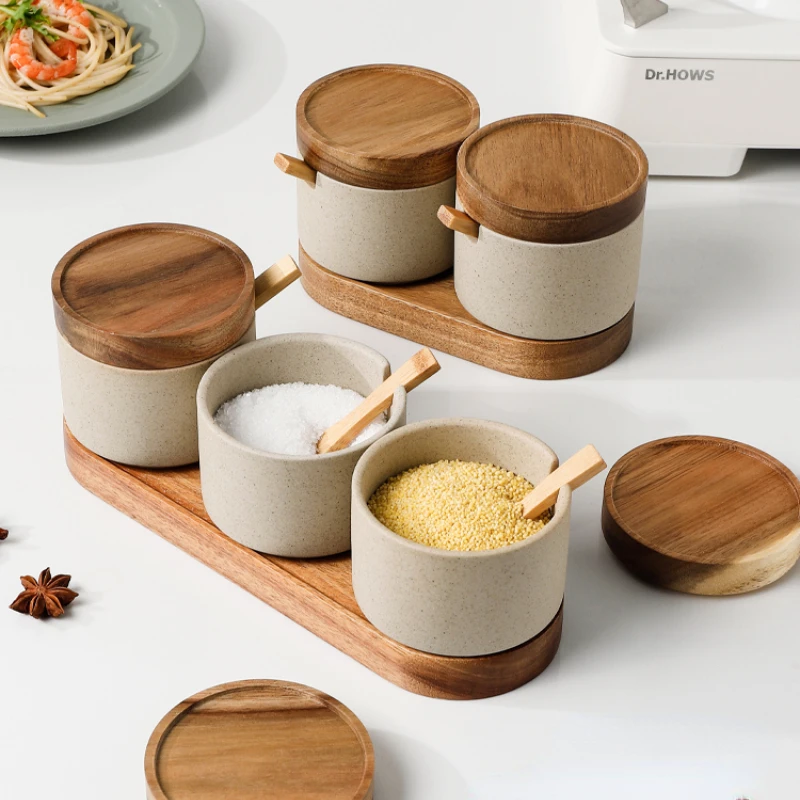Ceramic Seasoning Jar Set Household Kitchen Sugar and Salt Jar with Lid Large-capacity Food Storage Box Kitchen Container