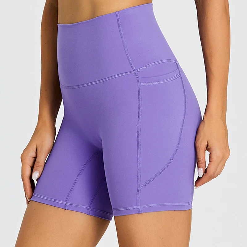 ABS No Front Seam High Waist Yoga Shorts Women Tummy Control Fitness Athletic Workout Running Shorts with Side Pockets sports shorts,running shorts,yoga shorts,workout shorts,seamless shorts
