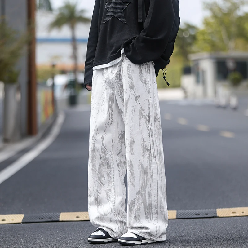 Jean classique pour hommes, jambe droite, pantalon en Denim blanc, teinture par nouage, unisexe, mode, pantalon décontracté, Streetwear, Style Hip Hop lavé