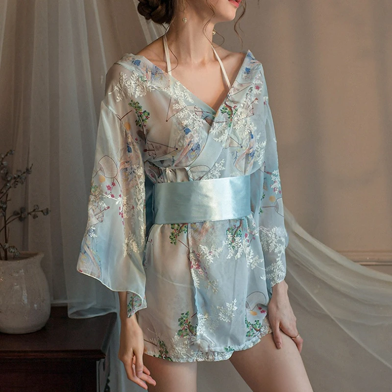 

Sexy Erotic Lingerie Set Hollow Short Dress Robe Classical Embroidery Silky Satin Kimono Bigini Suit Gauze Cosplay Anime Costume