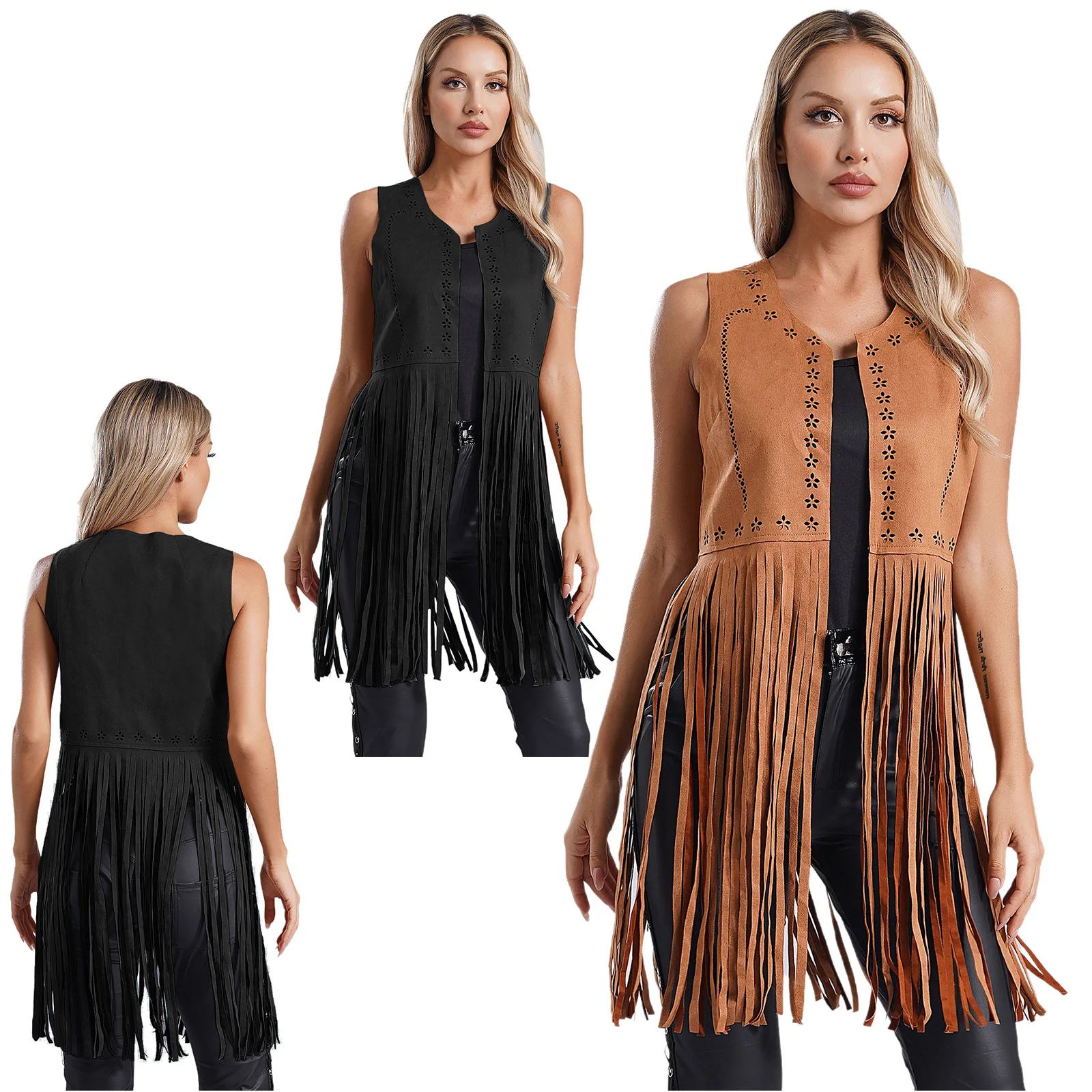 Hotouch Women's Fringe Vest – 70s Hippie Faux Suede Tassel Vest, Open Front, Boho Cowgirl Style