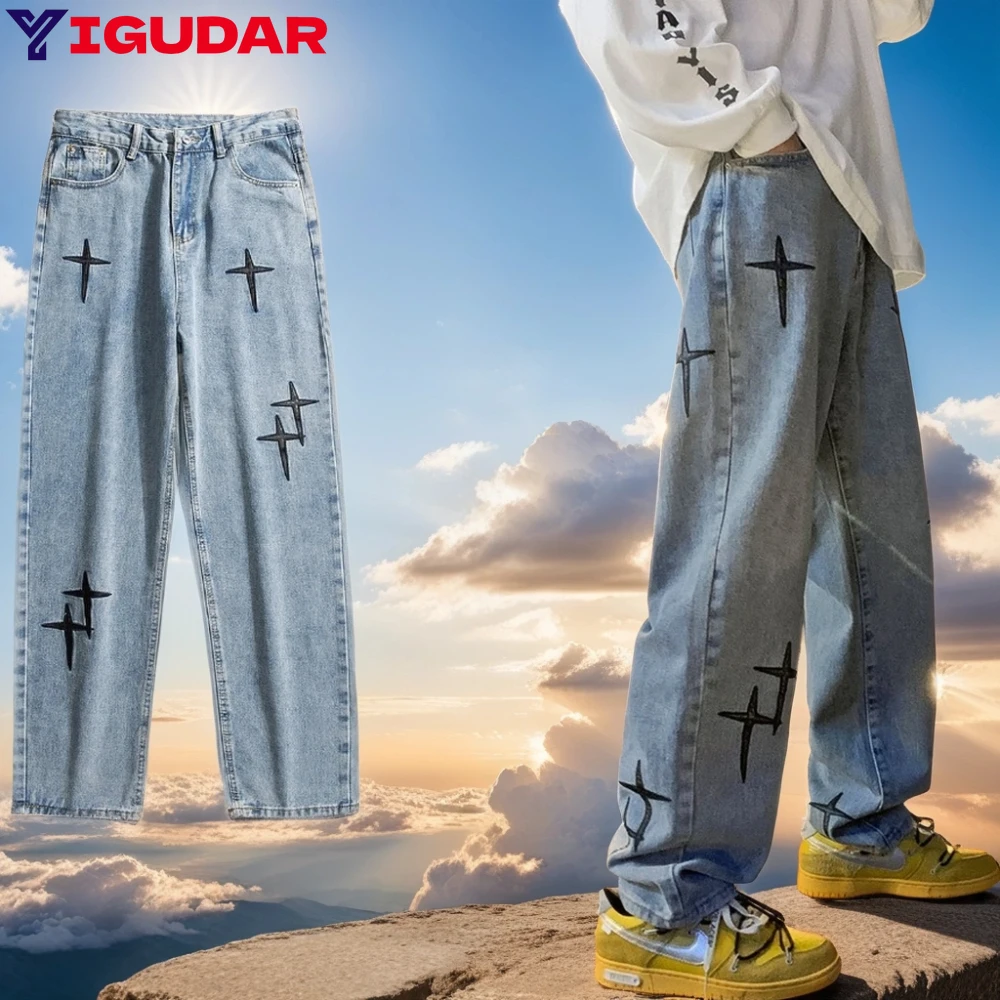 Cross Stars Embroidery Jeans Men Street Trend Patch Retro Blue Loose Straight Wide Leg Trousers cargo pants men clothing