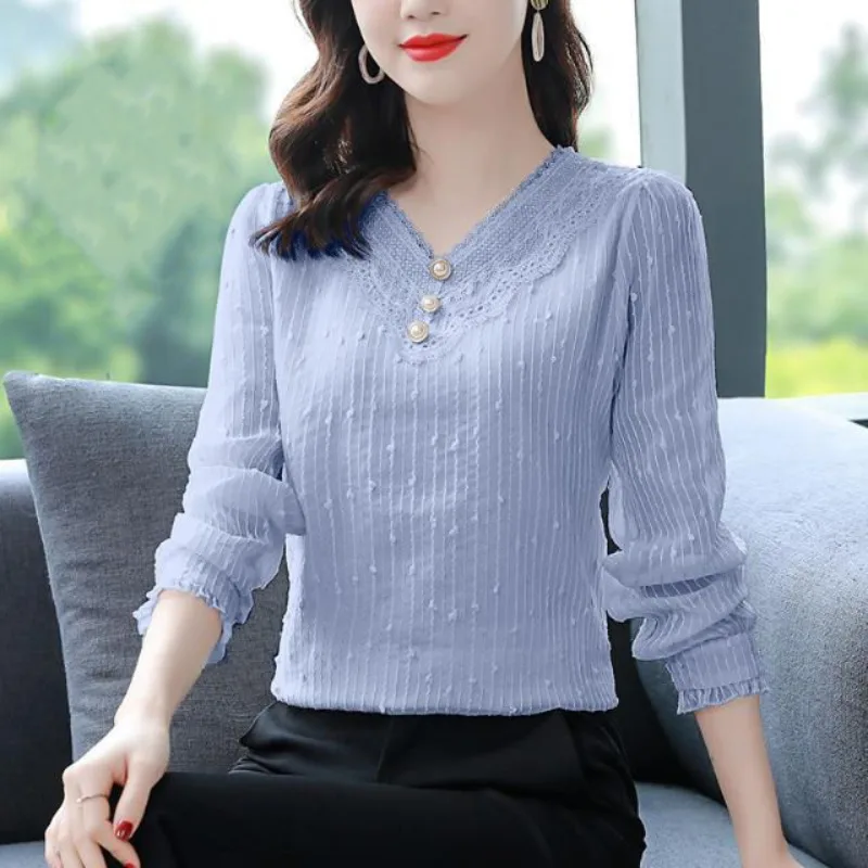 

Spring and Summer Women's Fashion Lace V-Neck Tshirt Loose Relaxed Commuter Long Sleeve Pullover Solid Button Sexy Vacation Tops