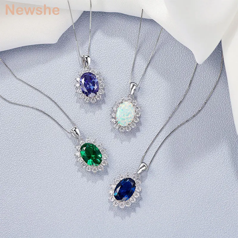 Newshe 6.4Ct Oval Created Sapphire Tanzanite Emerald Opal Pincess Diana Pendant Necklace for Women Pure 925 Silver Box Chain