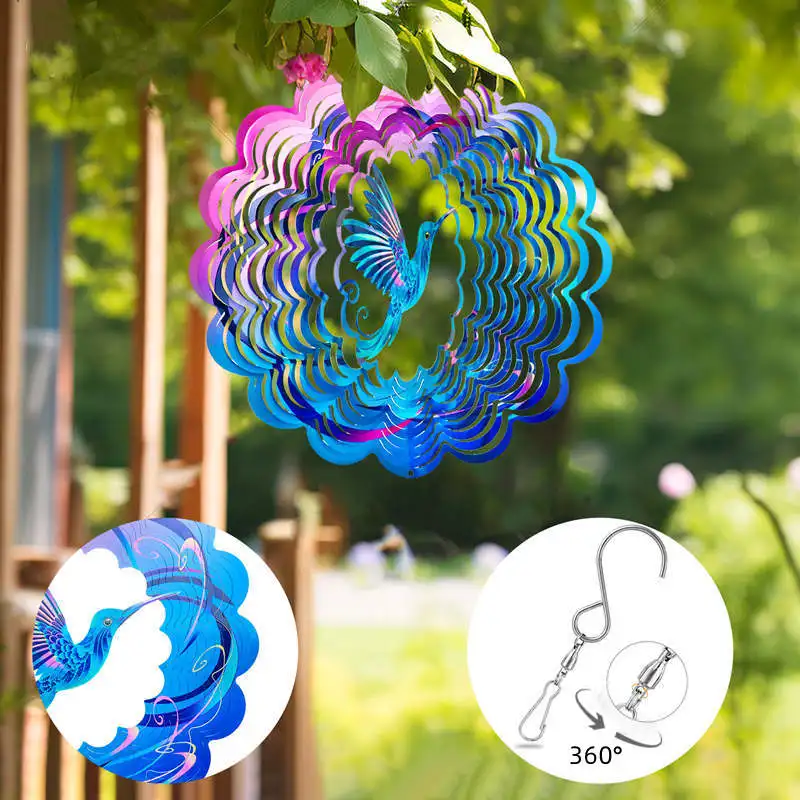 Hummingbird Wind Spinner 3D Metal Kinetic Wind Chime Hanging Unique Garden Decor Bird Wind Catcher for Outdoor Yard Art Ornament 3