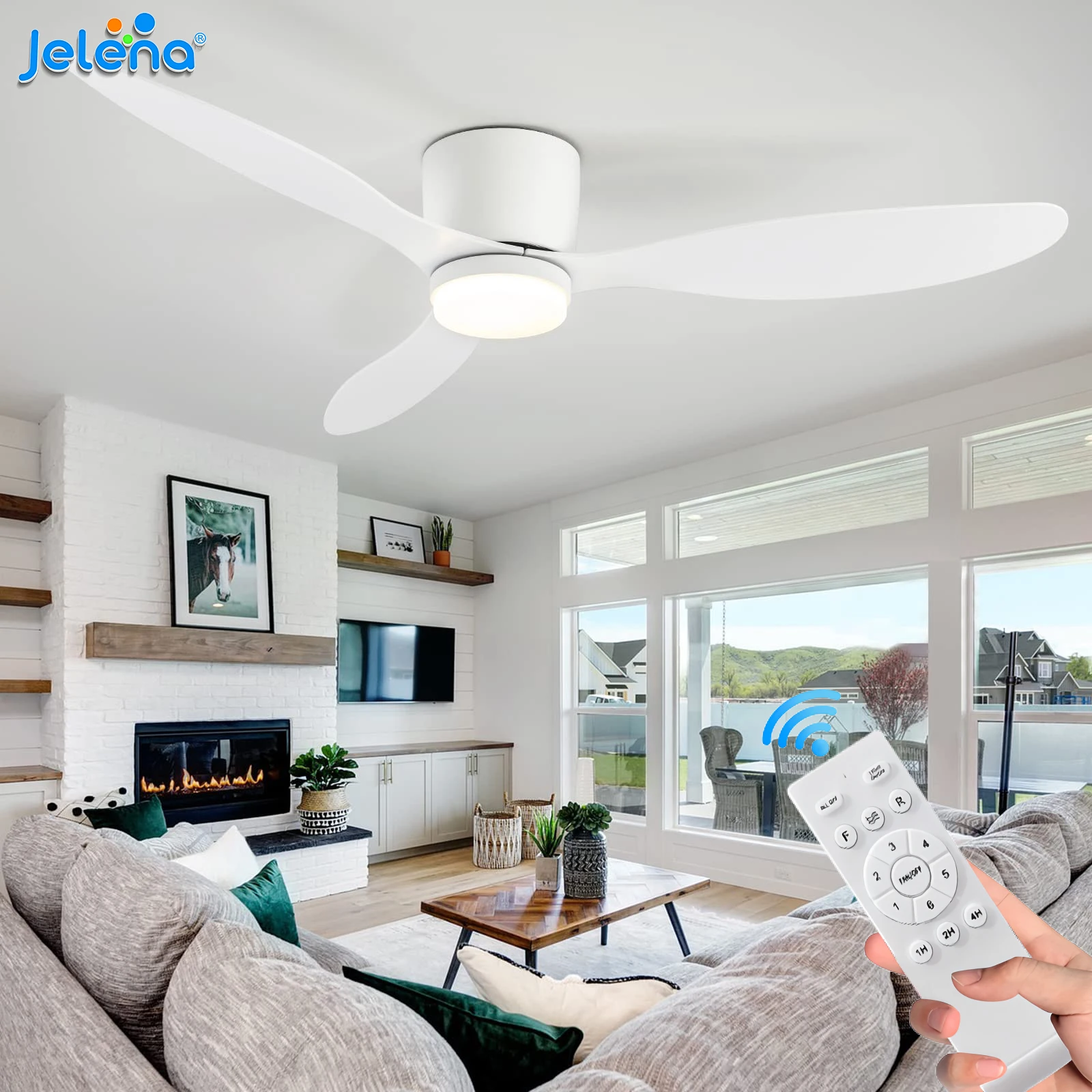 Ventilateur de plafond Jelena 52 pouces pour salon, ventilateur de plafond LED à faible hauteur avec lumière, télécommande, 6 vitesses, réversible, pour usage domestique 1