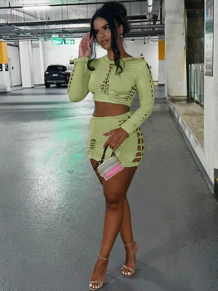 BOOFEENAA Two Piece Set Club Outfits Women Sexy Cut Out Mini Skirt and Crop  Top Festival Clothing Rave Baddie Streetwear C70DE25