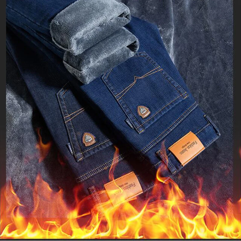 

2023 Winter New Men's Warm Slim Fit Jeans Business Fashion Thicken Denim Trousers Fleece Stretch Brand Pants Black Blue