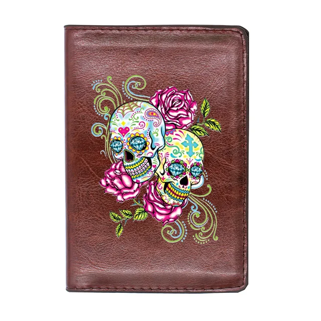 Vintage Brown Flower Double Skull Passport Cover Leather Slim ID Card Holder Pocket Wallet Case Travel Accessories Gifts