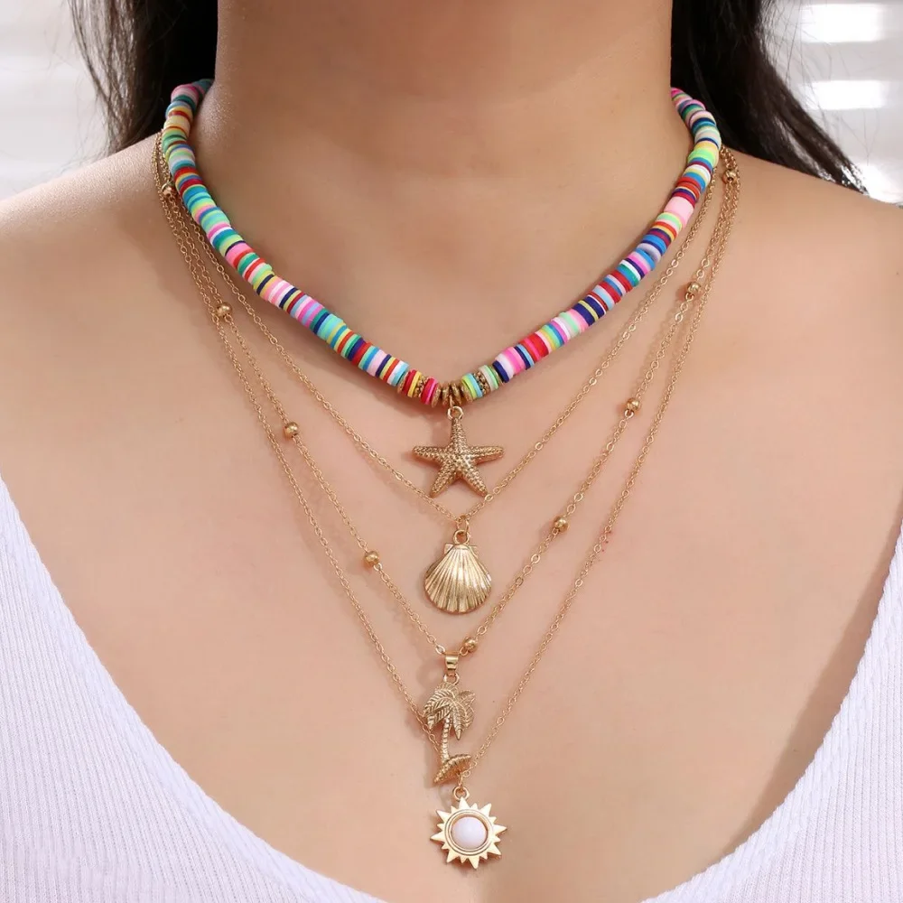 OUDQFCJ Collier Multi-couches Boho D'été, Long Collier à