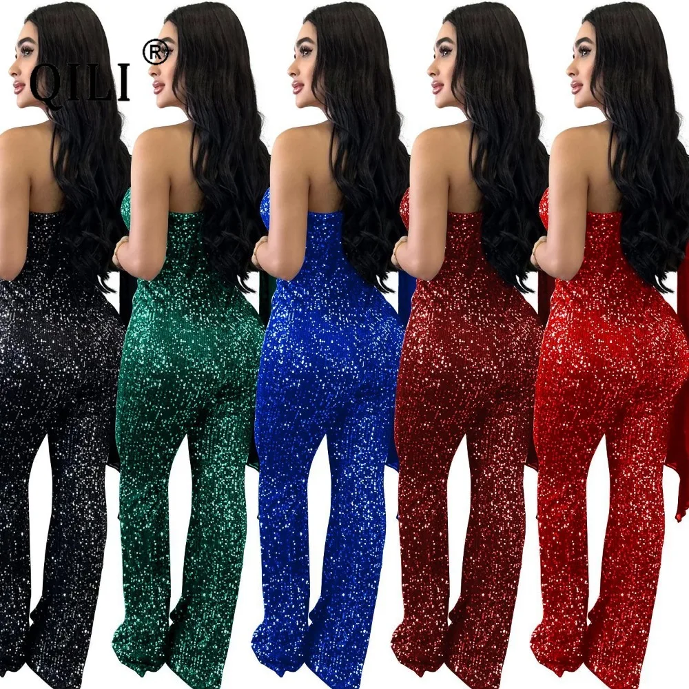 QILI-Women's One Shoulder Sequined Romper, Sleeveless Jumpsuit, Elegant Fashion, Black, Green, Red
