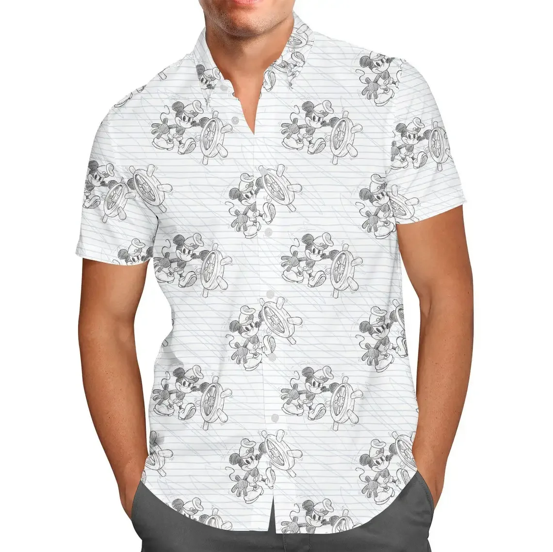 

Гавайская рубашка с рисунком Микки Мауса из мультфильма «Эскиз», мужская рубашка с короткими рукавами, на пуговицах, в стиле Диснея, модная пляжная футболка