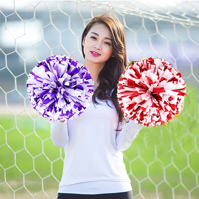 Cheerleading Pom Poms 2Pieces/Pair Metal Red Mix White Cheerleading Pom Poms Cheerleader Pompon With Rings Handle Match Dance Party Suppl