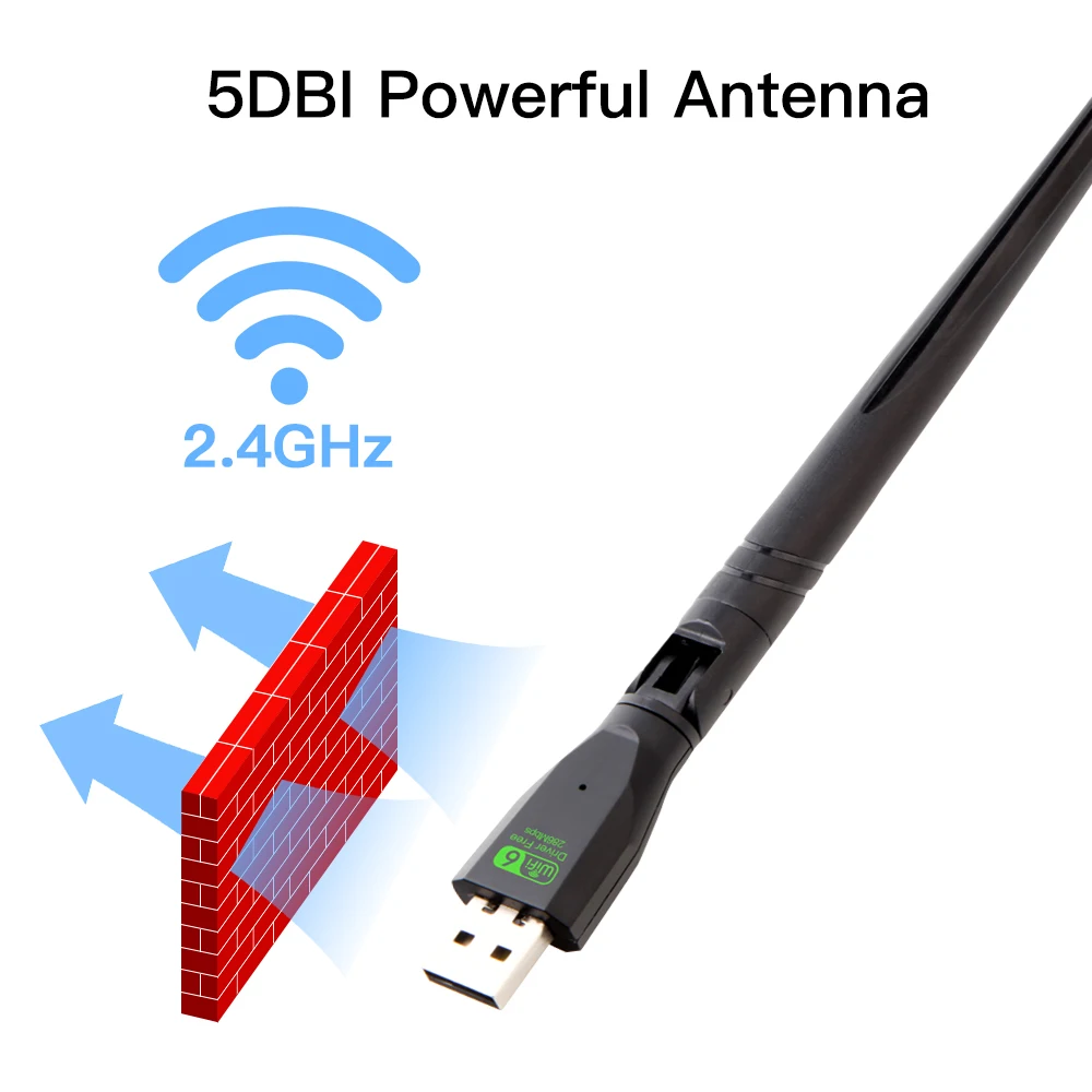 무선 어댑터 Wlan 신호 리시버, 고이득 안테나 포함, Win7/10/11 드라이버 무료, WiFi6 2.4G, USB2.0, AX300, 802.11n