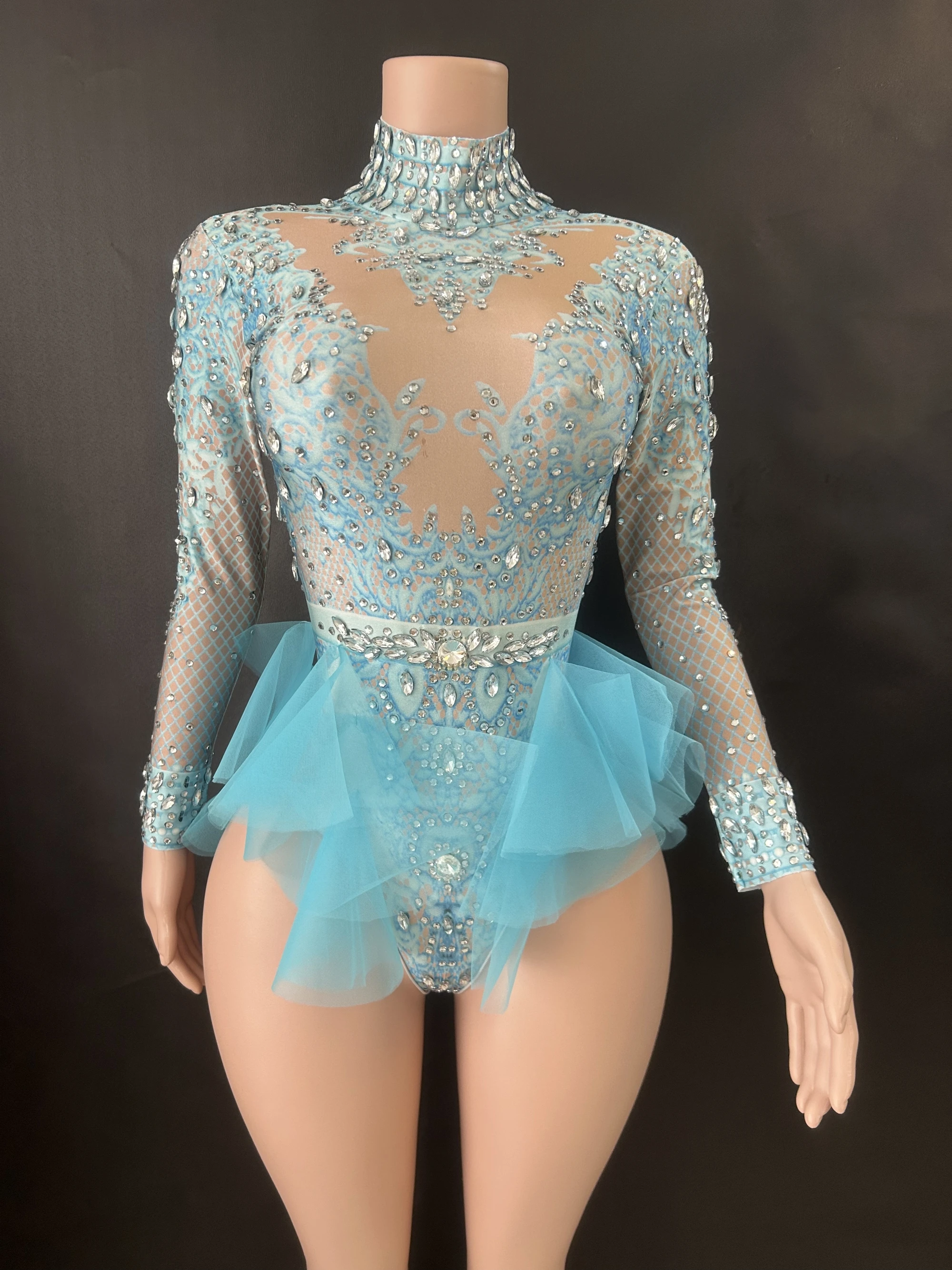 Sparkly Rhinestones Bodysuit Women ElasticPink Mesh Ruffles