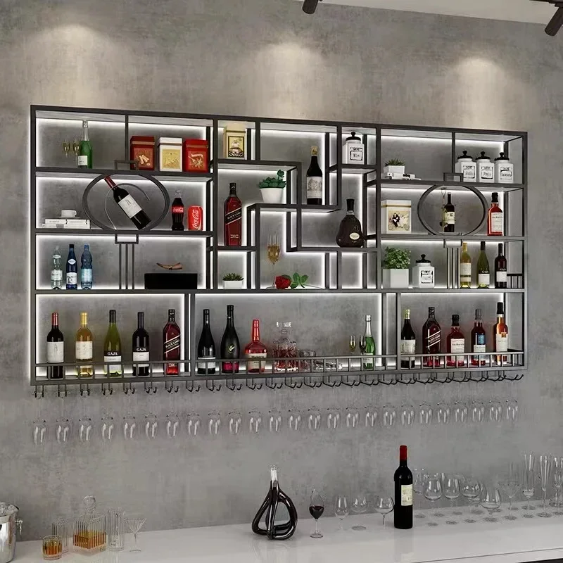 Luxury Storage Bar Cabinet Wall Mounted Illuminated Ironwork Commercial Wine Rack Creative Mueble Bar Gold Furniture