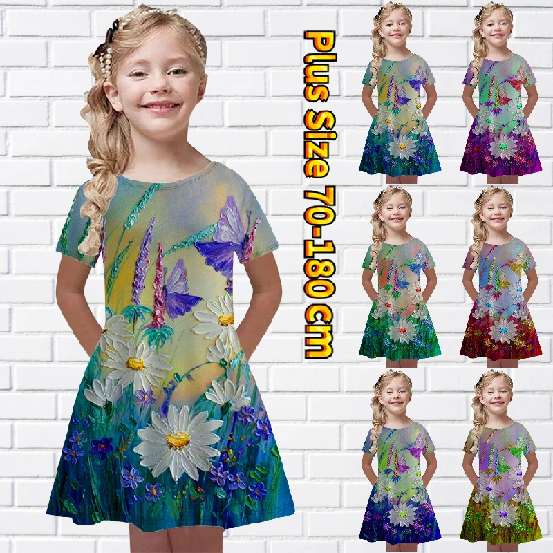 

Spring Autumn Little Girl Fashion Casual Short Sleeve Skirt Round Neck Midi Skirt Lovely Princess Skirt Flower Printing Dress