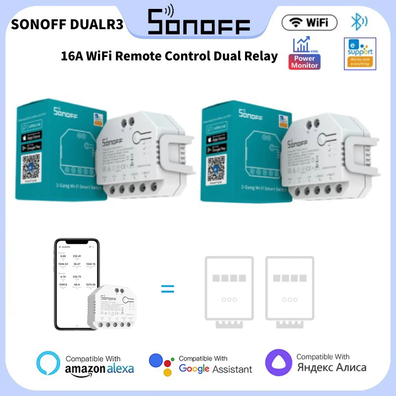 

20PCS SONOFF DualR3 Lite Smart Switch DIY MINI Wifi Dual Relay Two Way Control Smart Timing Voice for Smart Home Automation