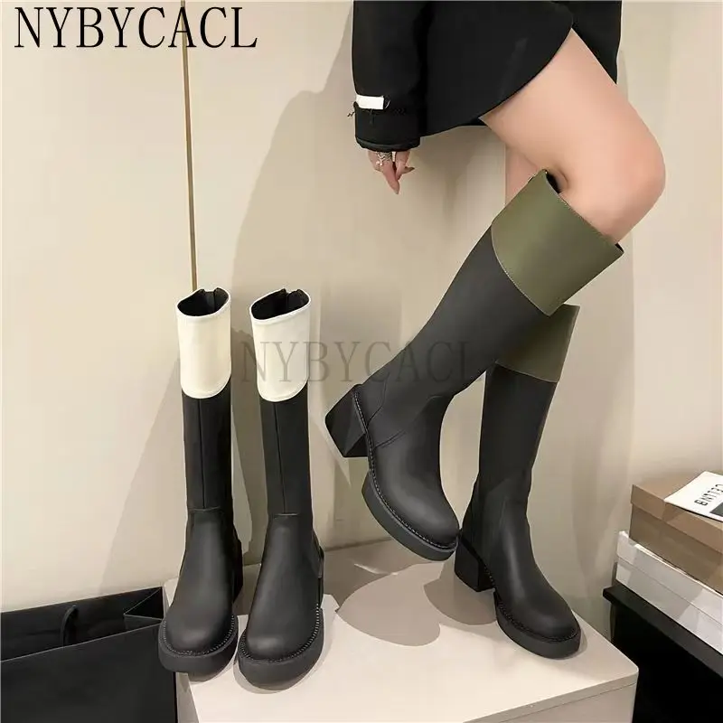 Fall Winter Women's Long Boots Leather Zip Shoes For Women Square Heel Female Fashion Platform High Heeled Botas Mujer New 2023