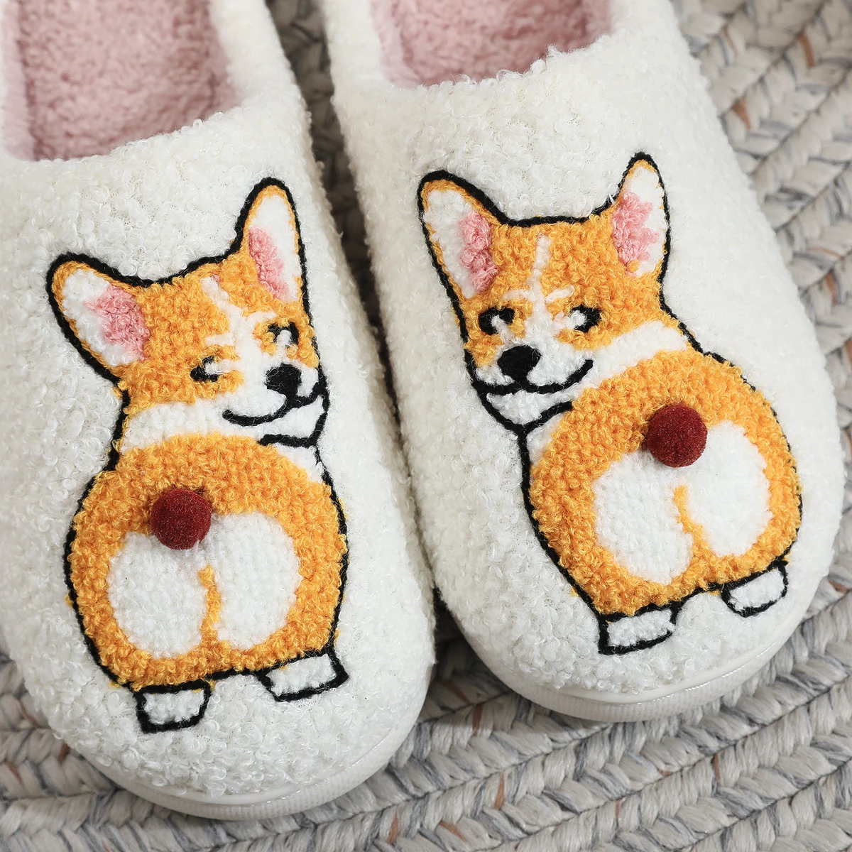 Corgi Dog Pet Pattern Embroidered Plush Home Thick-Soled Comfortable Fuzzy Cotton Slippers Cute Warm Non-Slip Indoor Slippers Pet Mom Gift for Dog Lovers Unisex — view 4
