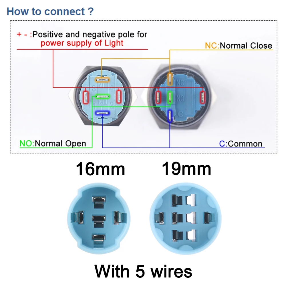 Description Picture 6 of item1pc 16mm/19mm Metal push button Switches for car indicator Customized "interior lighting" Momentary/latching 12V