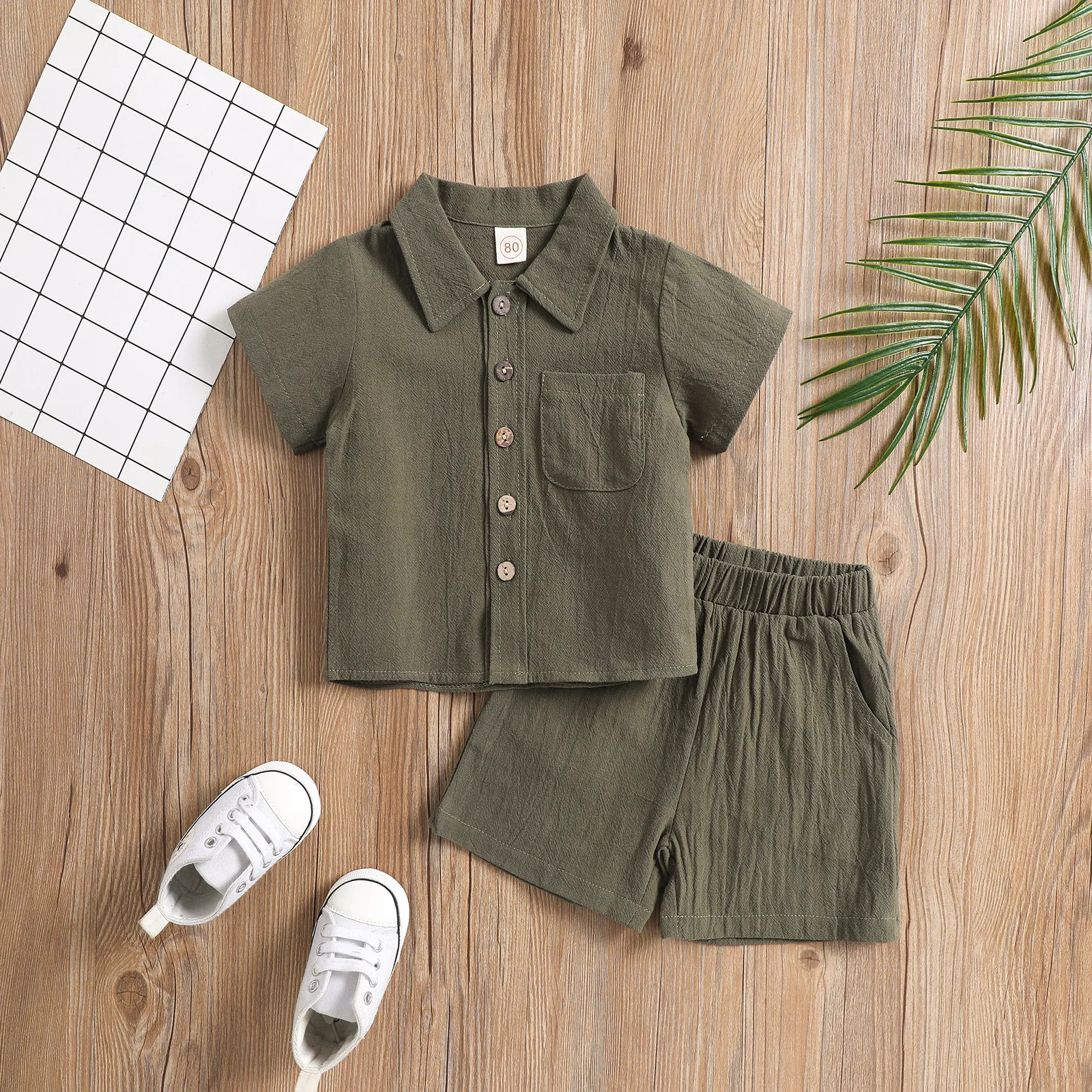 thumbnail image 1 of Conjunto de ropa de playa de lino para niños, conjunto de 2 piezas, pantalones cortos, Polo, Color sólido, estilo informal, playa, boda, Verano, 1 of 5