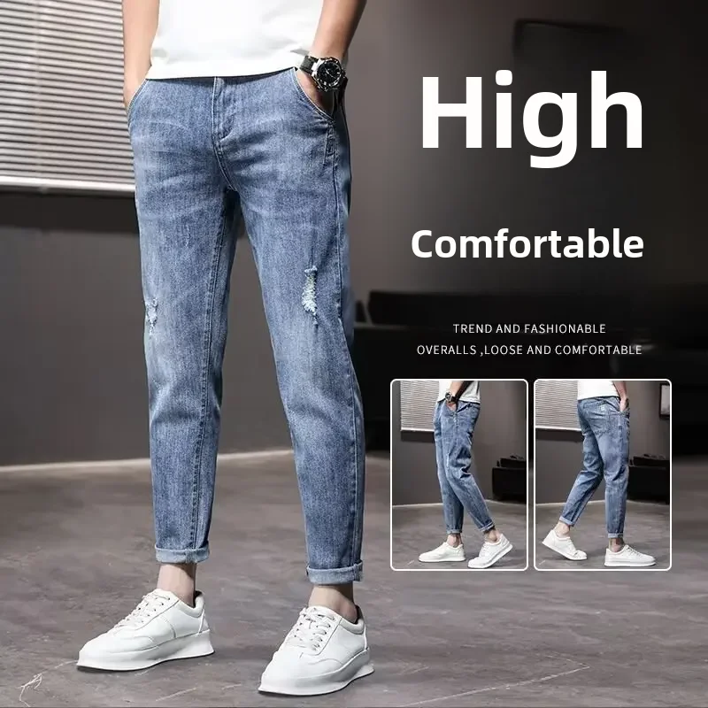 Spring New Men's Jeans Loose-fit Straight-leg Ripped Casual Nine-point Trousers Trendy Fashion Spring Autumn