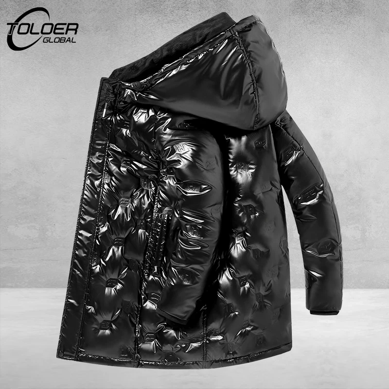 

Winter Mens Long Bright Down Jacket Windproof Thick Hooded Parkas Korean couple thickened warm Jackets Warm Fleece Snow Overcoat