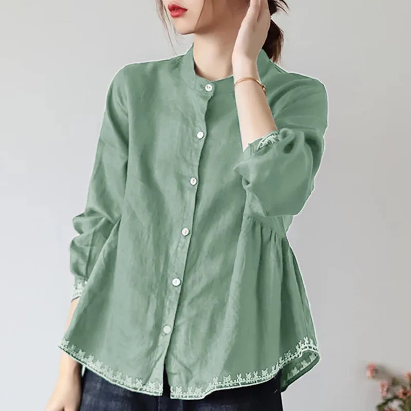 

Spring Summer High End Stand Collar Ladies Shirt Cotton Linen Long Sleeves Blouse A Word Loose Cover Belly Jacket Women Clothing
