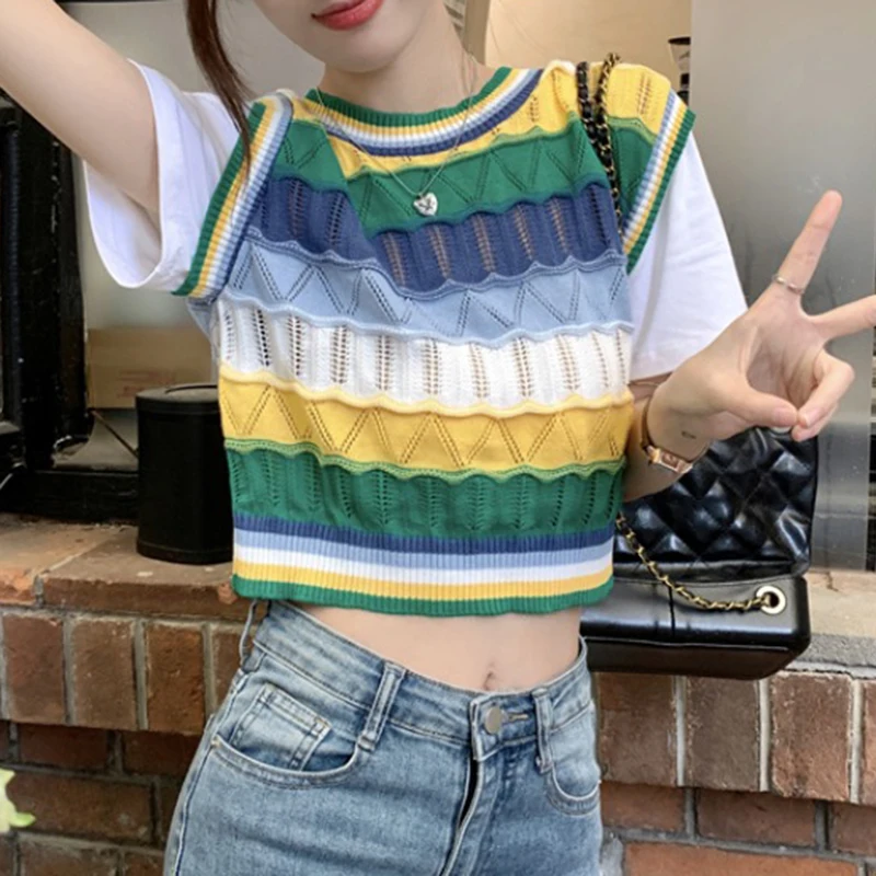 

Женский трикотажный топ в полоску, Повседневная футболка с коротким рукавом и имитацией двух предметов, лето 2024