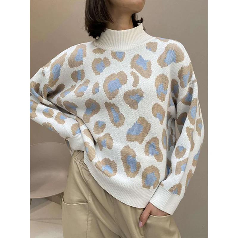 

2022 Winter Women's Sweater Leopard Print Animal Basic White Turtleneck Oversize Jumper Vintage Warm Knitted Sweaters for Women