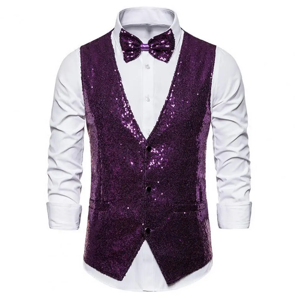 Description Picture 3 of itemMen Suit Vest Bow Set V Neck Sleeveless Single-breasted Vest Jacket SLim Fit Cardiagn Stage Show Emcee Performance Men Waistcoat