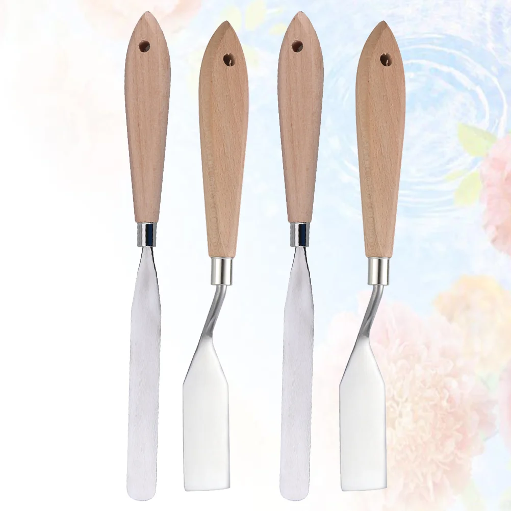 4PCS Portable Oil Painting Scraper Practical Paint Spatula Wood Handle Paint Artistic Color Mixing Tool for Home Use