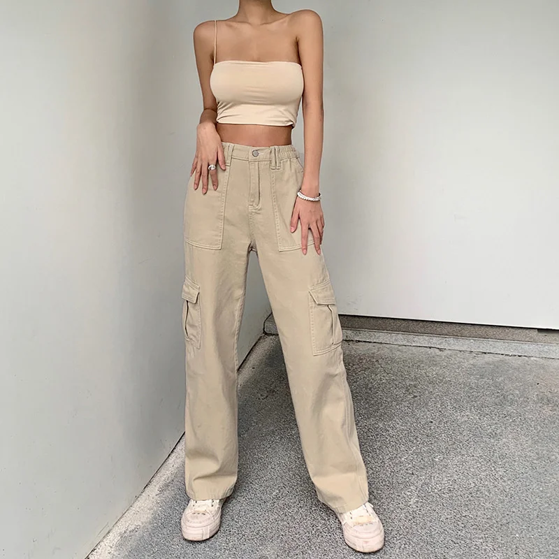 

Women's Loose Fashion High Waist Casual Pocket Cargo Pants Women Straight Tube Work Denim Pants Street Wide Leg CasualTrousers