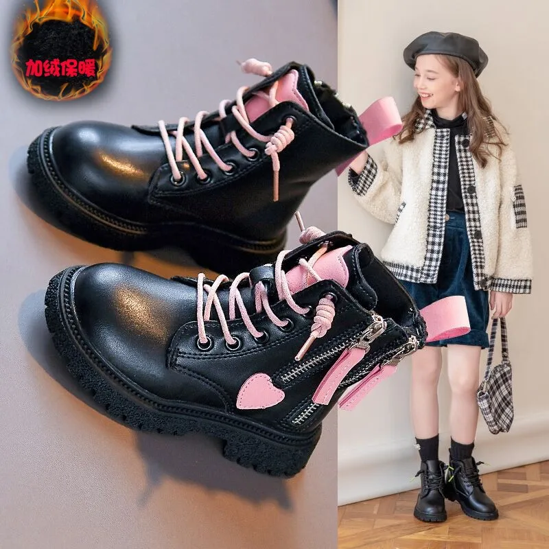 Girls Boots 2023 Spring New Assorted Korean Style Cute Double Zip Non-slip Kids Fashion Pink Heart Versatile Child Ankle Boots