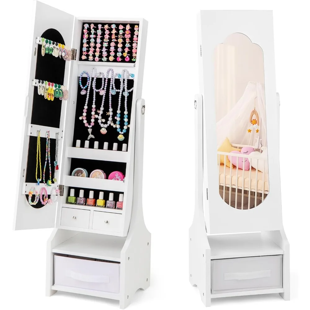 Kids Jewelry Armoire Cabinet, 41.5" Standing Wooden Standing Jewelry Organizer with Full-length Mirror and Storage Box
