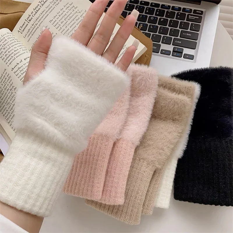 

2023 Winter TouchScreen Plush Furry Warm Gloves Women's Men's Outdoor Warm Stretch Mittens Wool Half Finger Fingerless Gloves