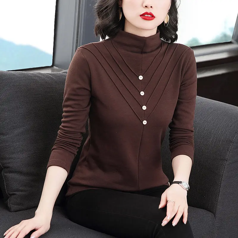 

Half Height Collar Long Sleeve Pullovers Interior Lapping Undercoat T-Shirts Slim Casual Office Lady Simplicity Women's Clothing