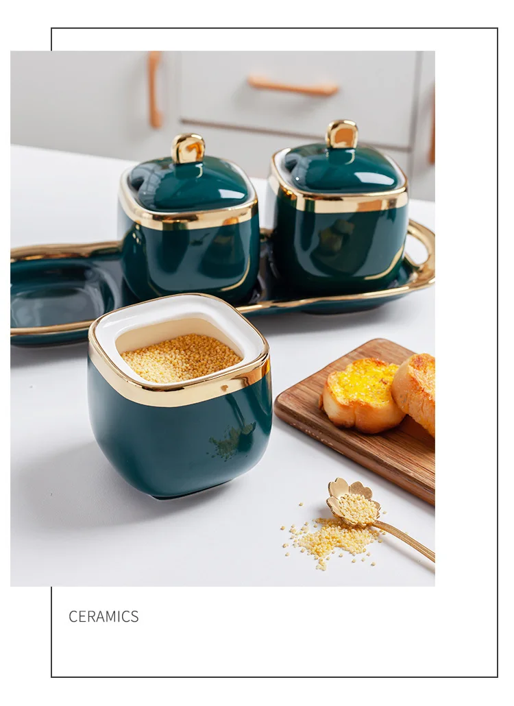 Description Picture 2 of itemCreative Gold-plated Ceramic Seasoning Jar Set with Lid Spice Box Pepper Chili Tank Oil Pot Food Storage Container Sugar Jar New