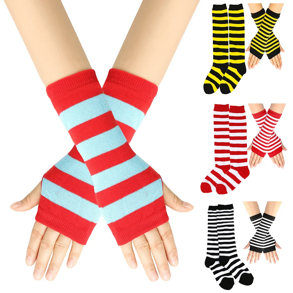 

Комплект детских вязаных чулок и перчаток в полоску, Длинные танцевальные носки, теплые перчатки для мальчиков и девочек, костюм для косплея, рождественские подарки