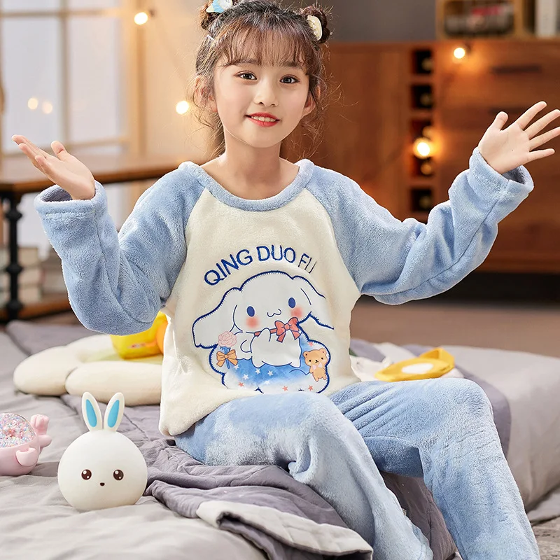 Anime Sanrio Pajamas Hello Kitty My Melody Kuromi Coral Fleece Pajama Set Child Autumn Winter Cartoon Kawaii Thicken Loungewear