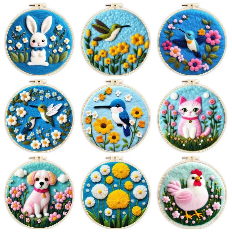 Bird Rabbit Needle Felt Starter Kits Adults Diy Wool Felting Painting Beginners Kit Embroidery Frame Wool Needlework Crafts
