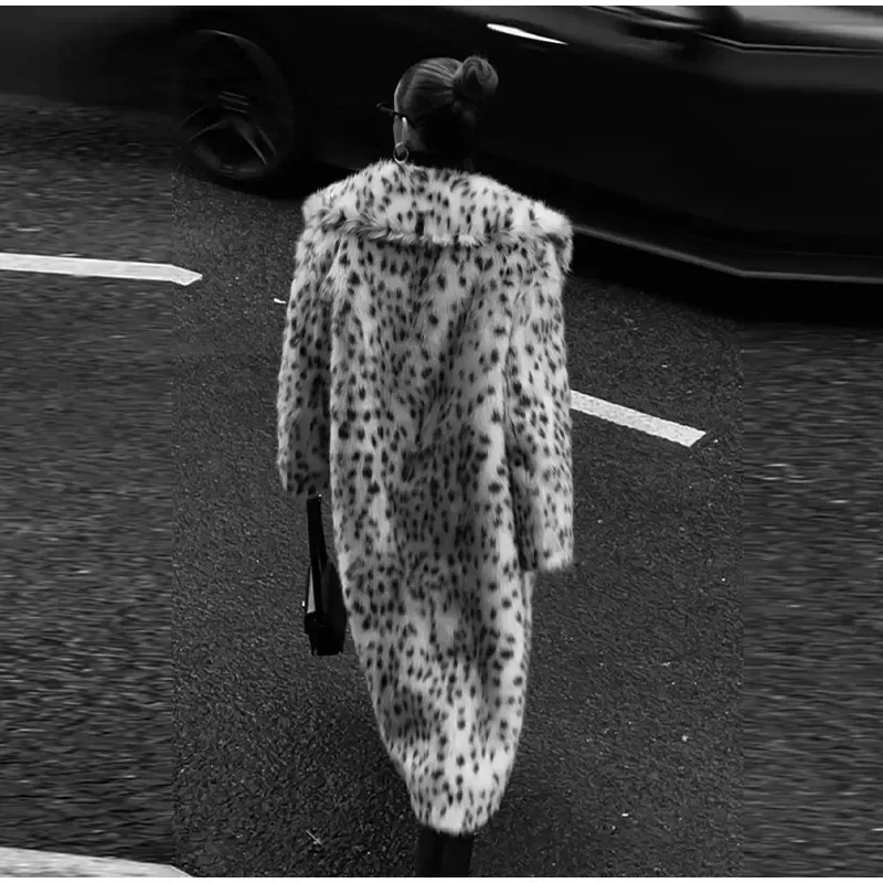 Fashion Animal Lapel Faux Fur Long Coat Women Loose Long Sleeve Pocket Lady Overcoats Autumn Winter Warm Street Thick Outwear
